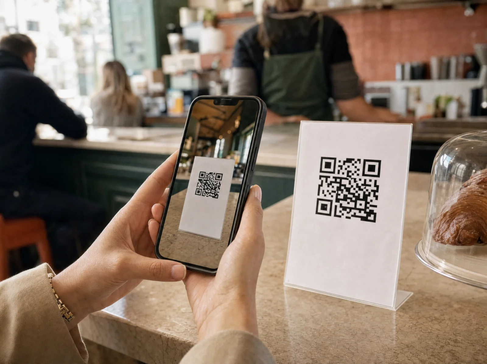 Il titolare di Corner Cafe espone il QR code sul bancone