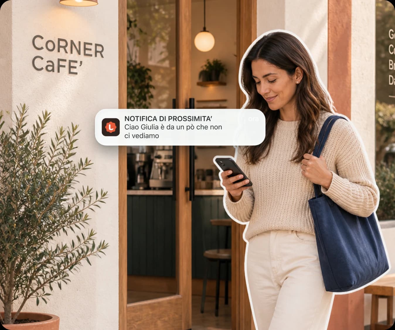 Una cliente riceve una notifica LoyalCard mentre passa davanti a Corner Cafe